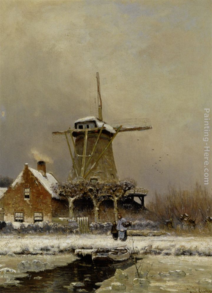 Figures by a windmill in a snow covered landscape painting - Louis Apol Figures by a windmill in a snow covered landscape art painting